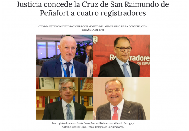 [PRENSA] CONFILEGAL: Justicia concede la Cruz de San Raimundo de Peñafort a cuatro registradores